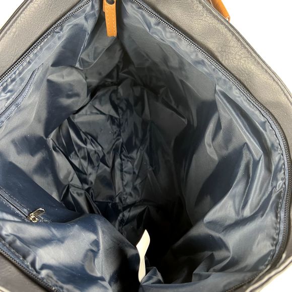 Navy & Brown Faux Leather Large Tote Bag with 2 Zip Pockets in Front - Picture 3 of 5